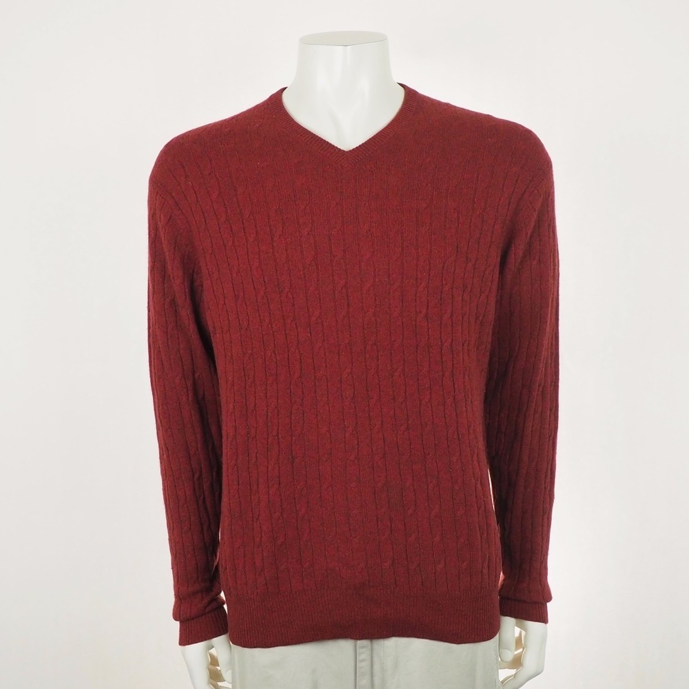 Daniel Bishop 100% Cashmere Sweater Mens Medium Dark Red V-Neck Cable-Knit